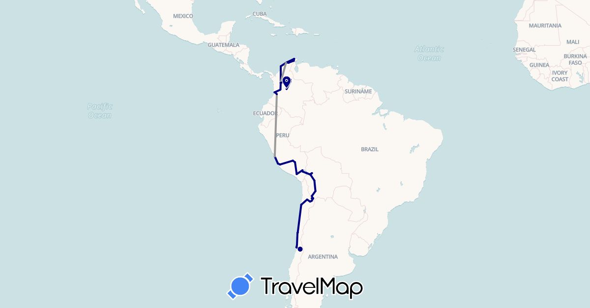 TravelMap itinerary: driving, plane in Bolivia, Chile, Colombia, Peru (South America)